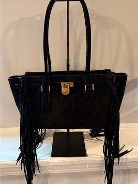 Michael Kors Black Suede Fringe Hamilton with Gold Hardware